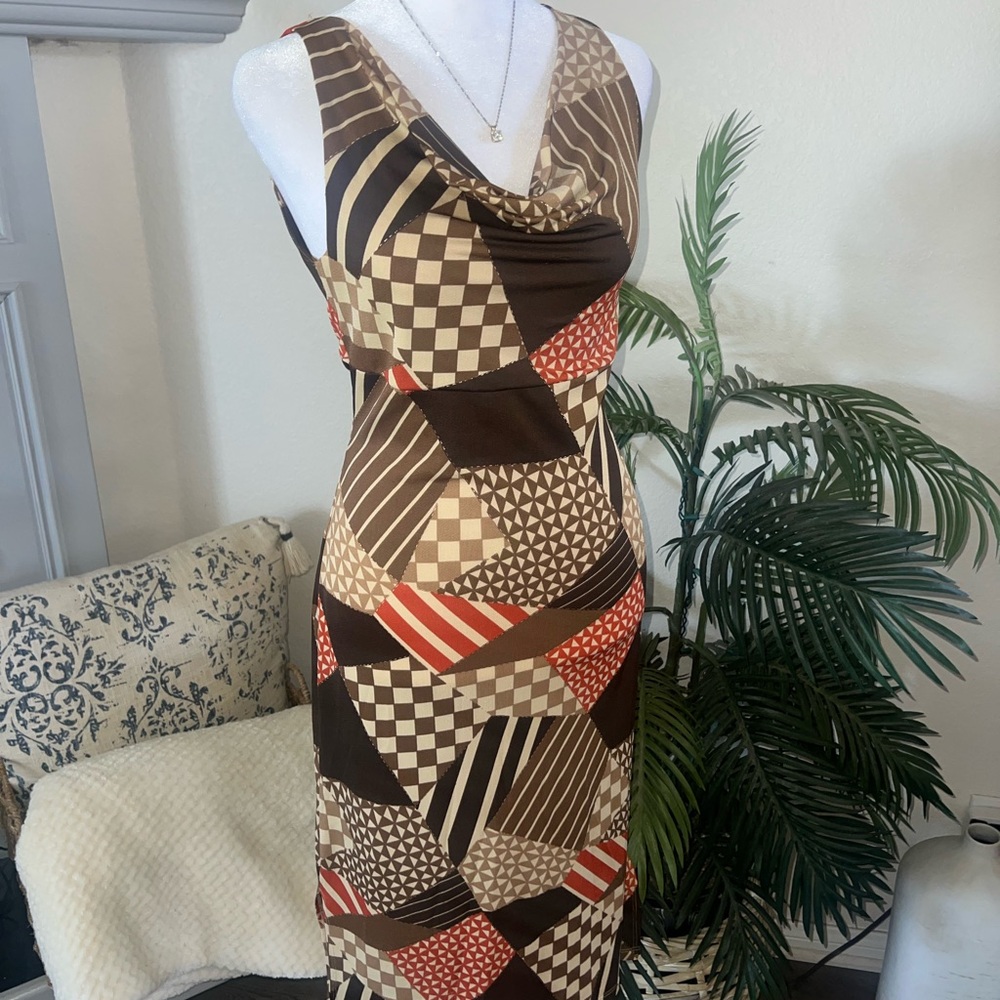 Vintage Janette U.S.A Sleeveless Patchwork Print Cowl Neck Dress in Brown M